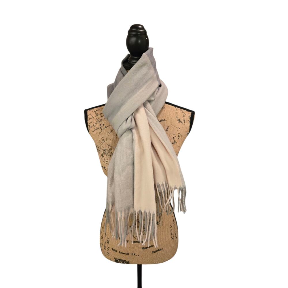 Pink, beige and gray winter scarf with matching gloves set, one size